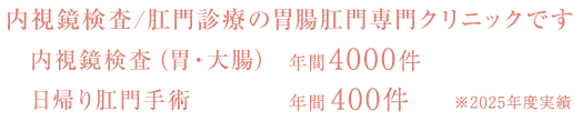 内視鏡検査/肛門診療の胃腸肛門専門クリニックです。内視鏡検査(胃・大腸)年間4000件、日帰り肛門手術年間400件※2025年度実績